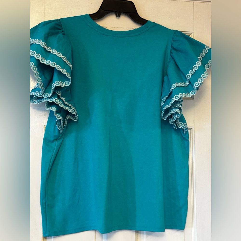 Crown & Ivy Turquoise Blouse with Embroidered Sleeves - Picture 2 of 7